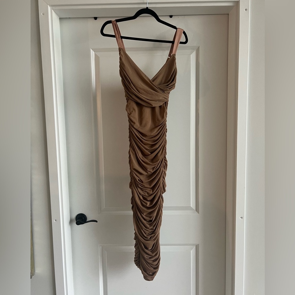 Nude Tan Ruched Bodycon Midi Dress